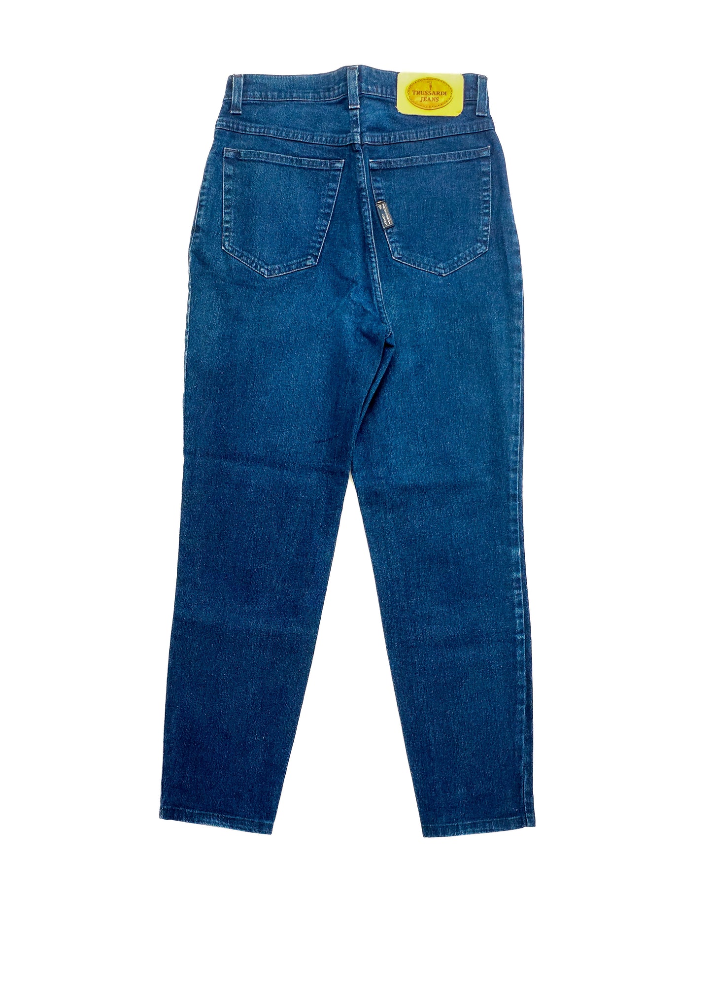 Blue high-waisted jeans with a straight leg, back pockets, and a yellow patch on the waistband. The jeans are laid flat on a white background.