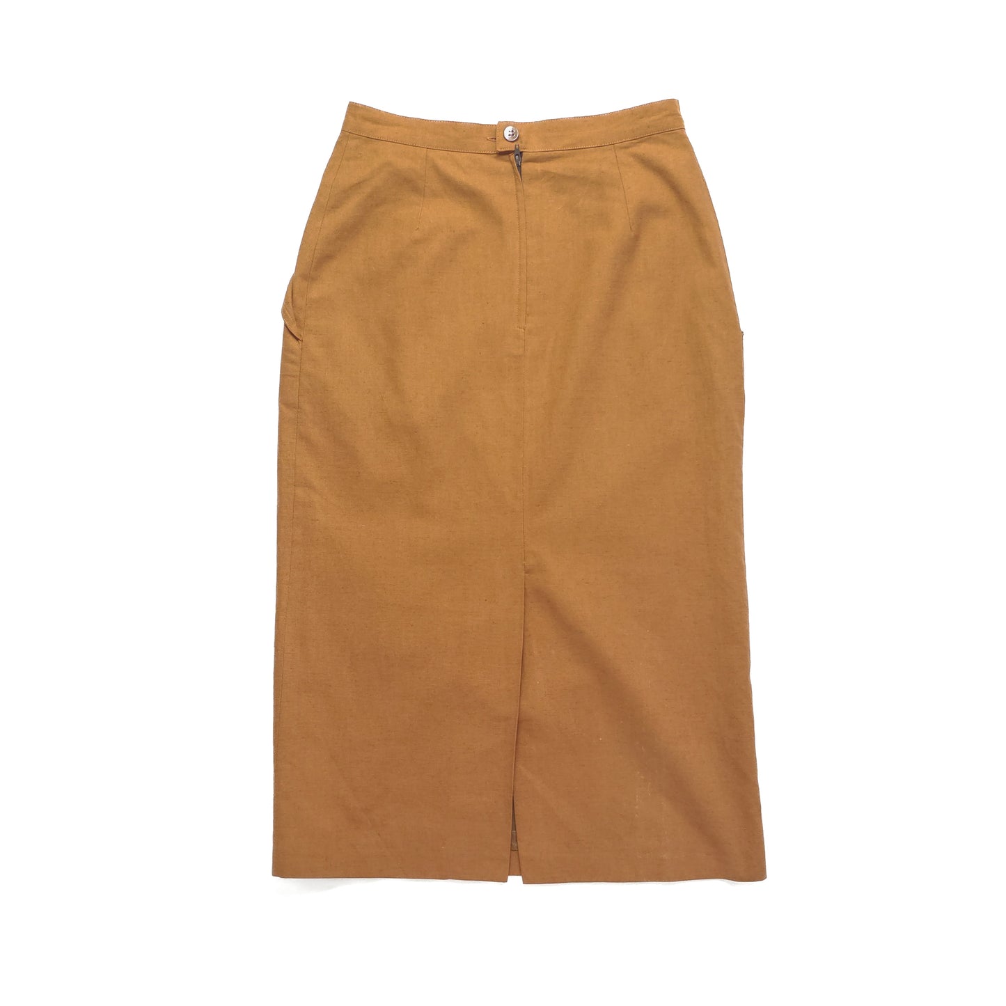 A high-waisted, camel-colored midi skirt with a front slit and a single button closure at the waistband. The fabric has a smooth, slightly textured appearance.