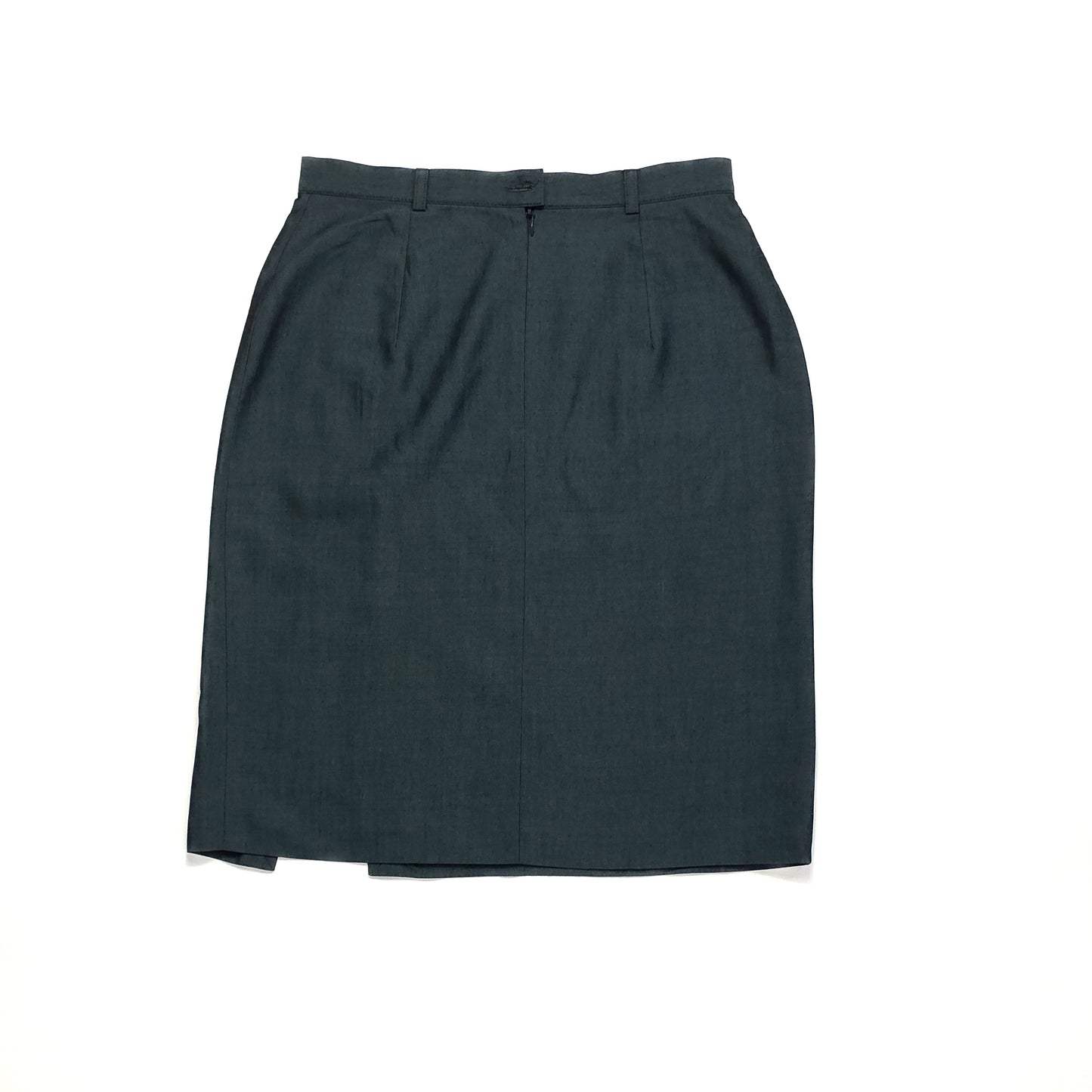 A dark green knee-length pencil skirt with a subtle pleat detail at the front. It features a back zipper closure and a clean, tailored design.