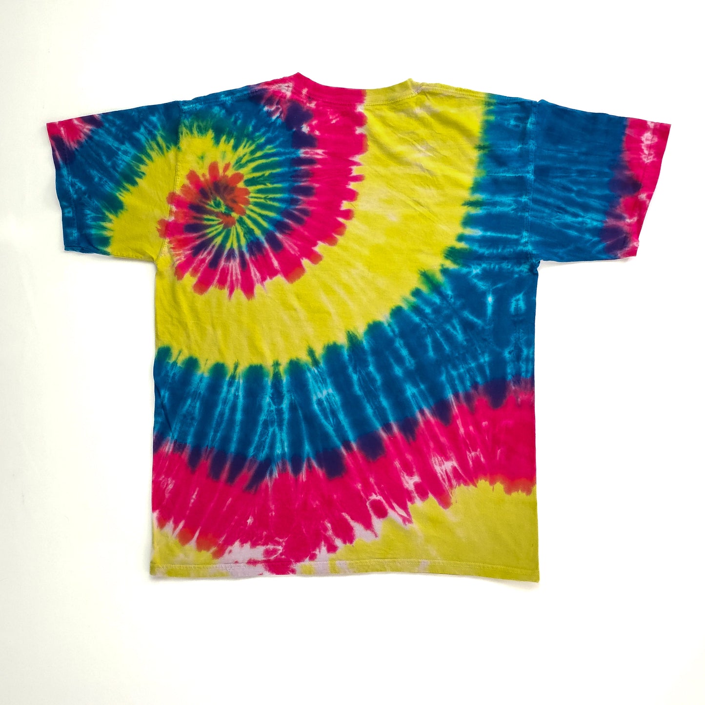 A vibrant tie-dye t-shirt featuring a swirl pattern in yellow, pink, and blue colors. The shirt has short sleeves and a crew neckline.