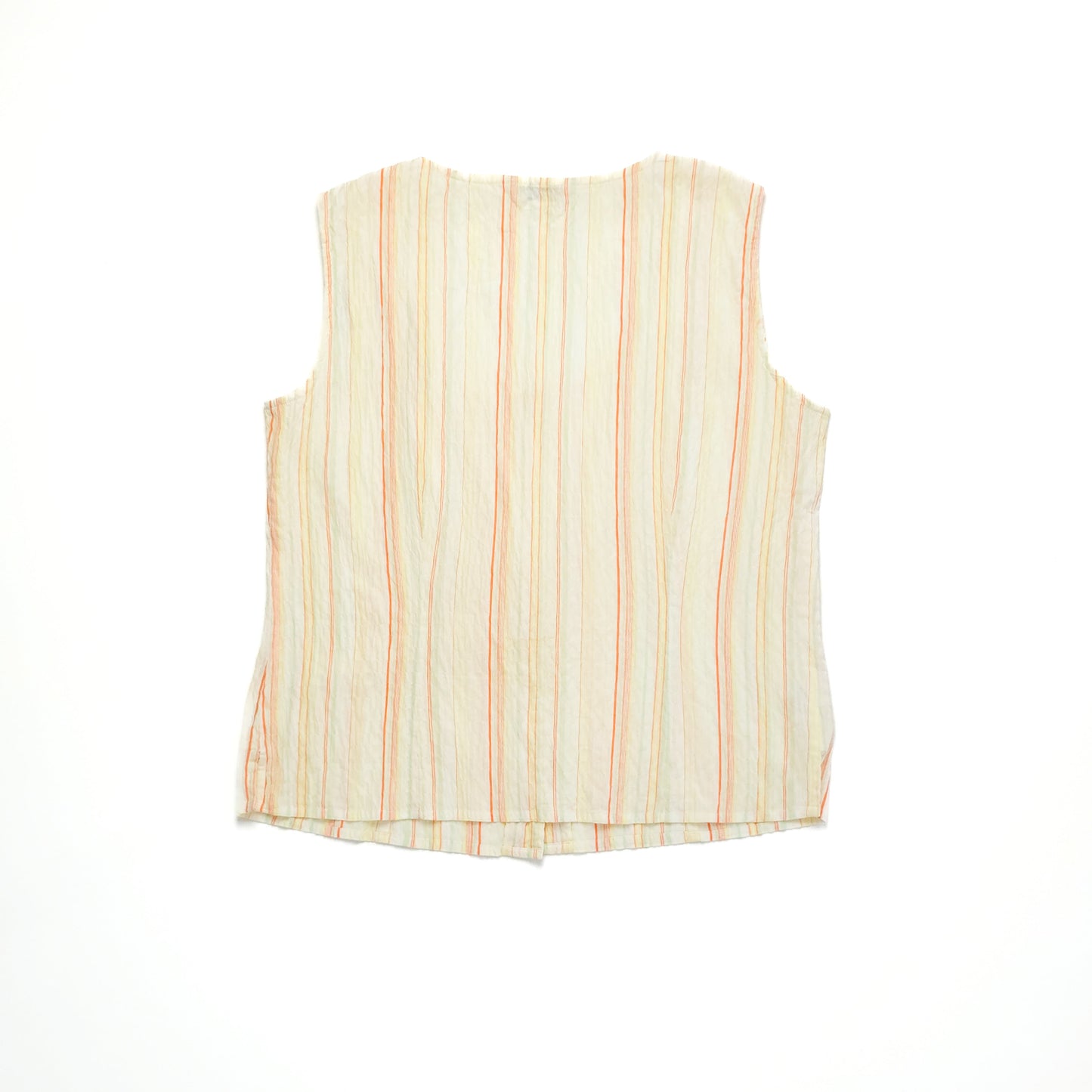 Sleeveless striped top with vertical orange and yellow lines on a light fabric, featuring a slightly flared hem and a relaxed fit, viewed from the back.