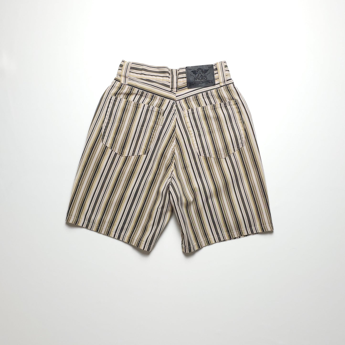 Striped high-waisted shorts with belt loops and large back pockets, featuring a patch on the waistband. Stripes are in shades of beige, black, and white.
