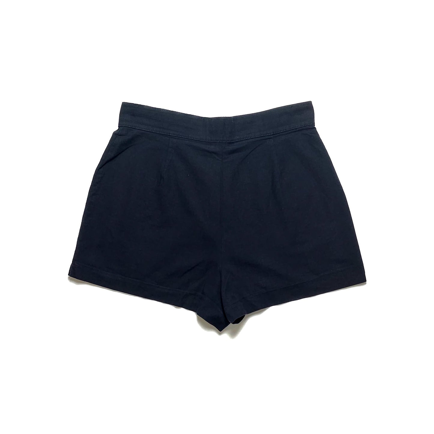 Dark navy women's high-waisted shorts with a simple design, featuring a flat waistband and slightly flared leg openings, laid flat on a white background.
