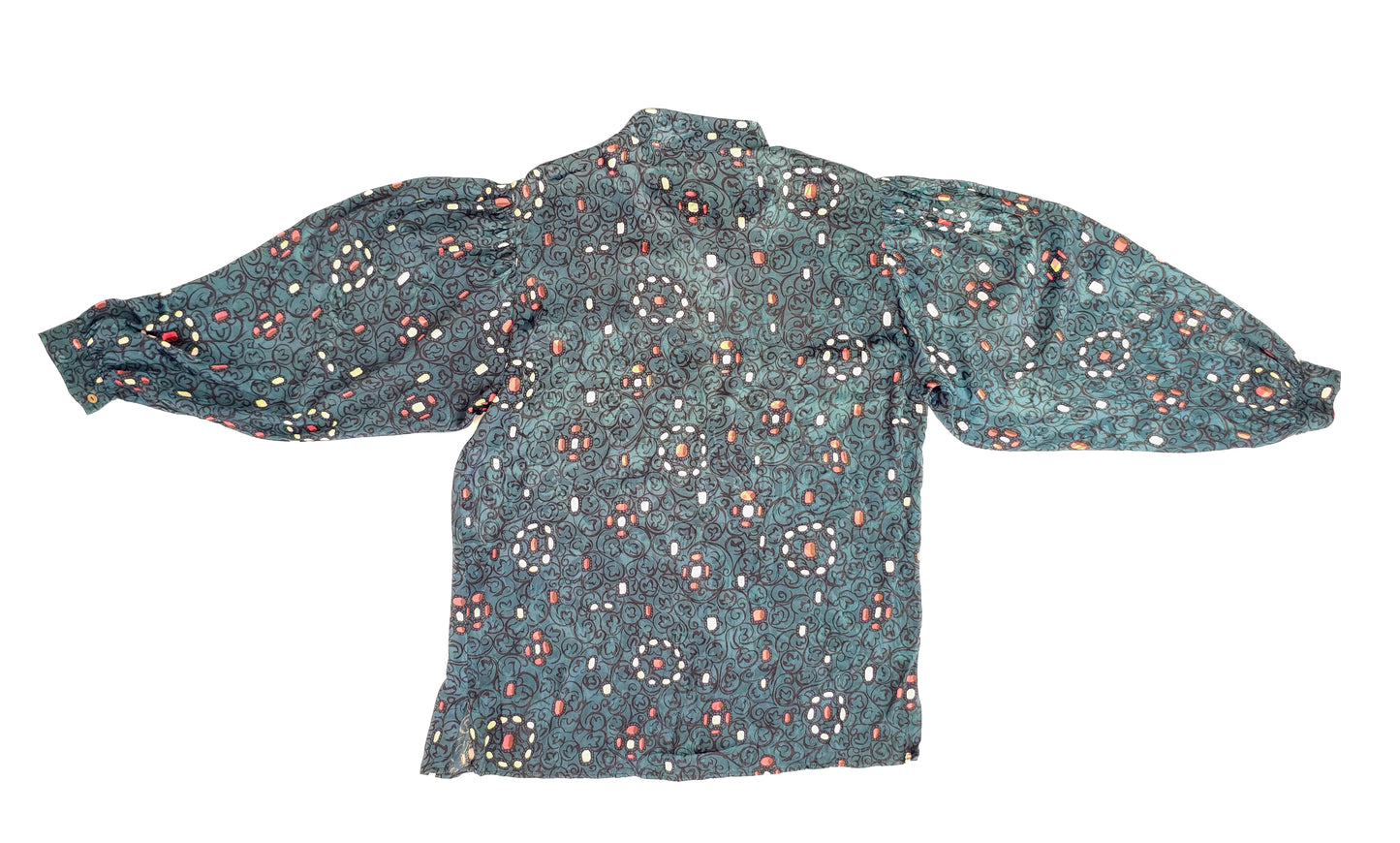 Vintage teal blouse with a high neckline and long, puffed sleeves, featuring a red and white floral pattern throughout the fabric.