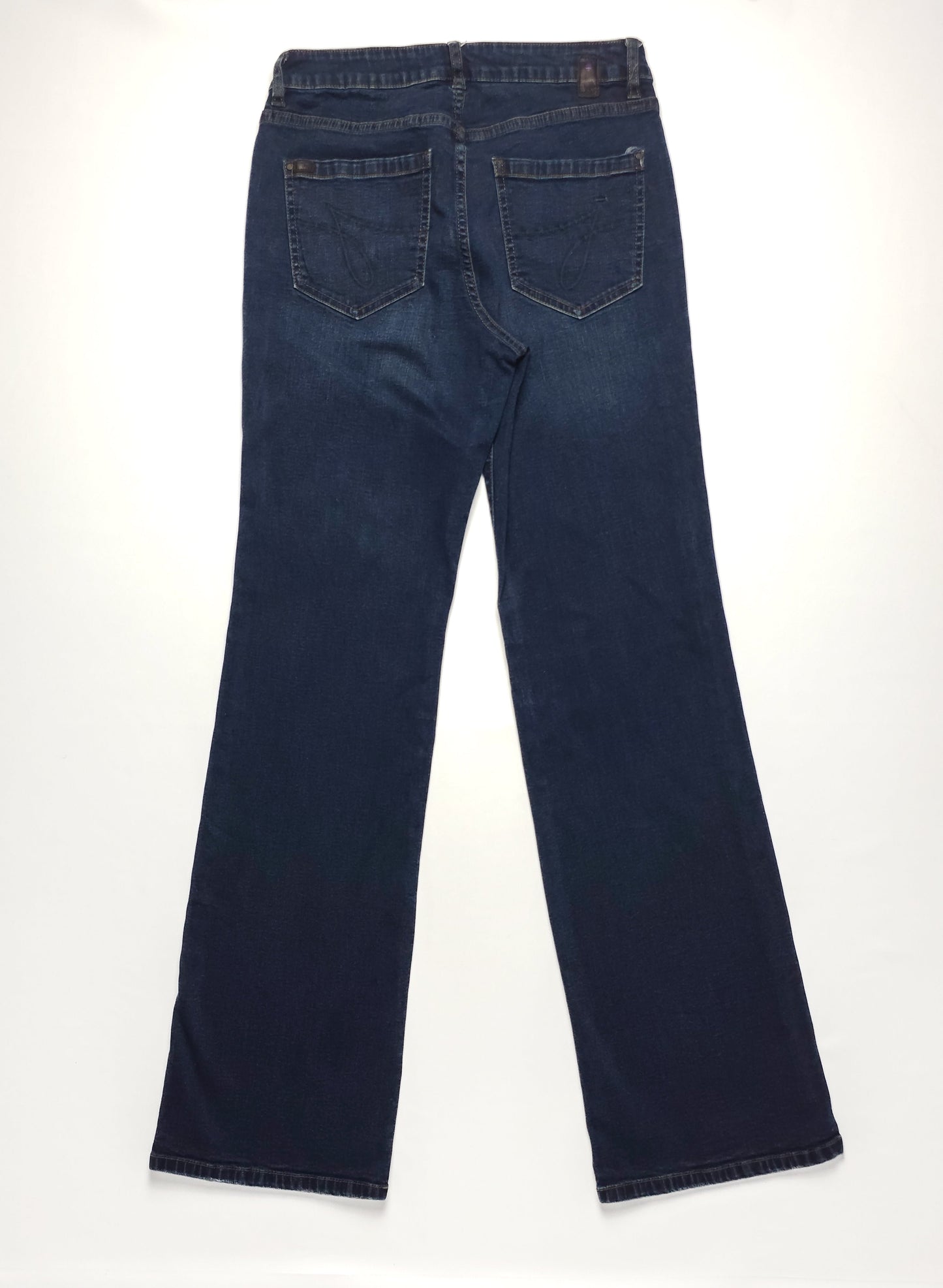 A pair of dark blue denim jeans laid flat, showing the back with two pockets and straight legs. The jeans have a classic five-pocket design and visible stitching.