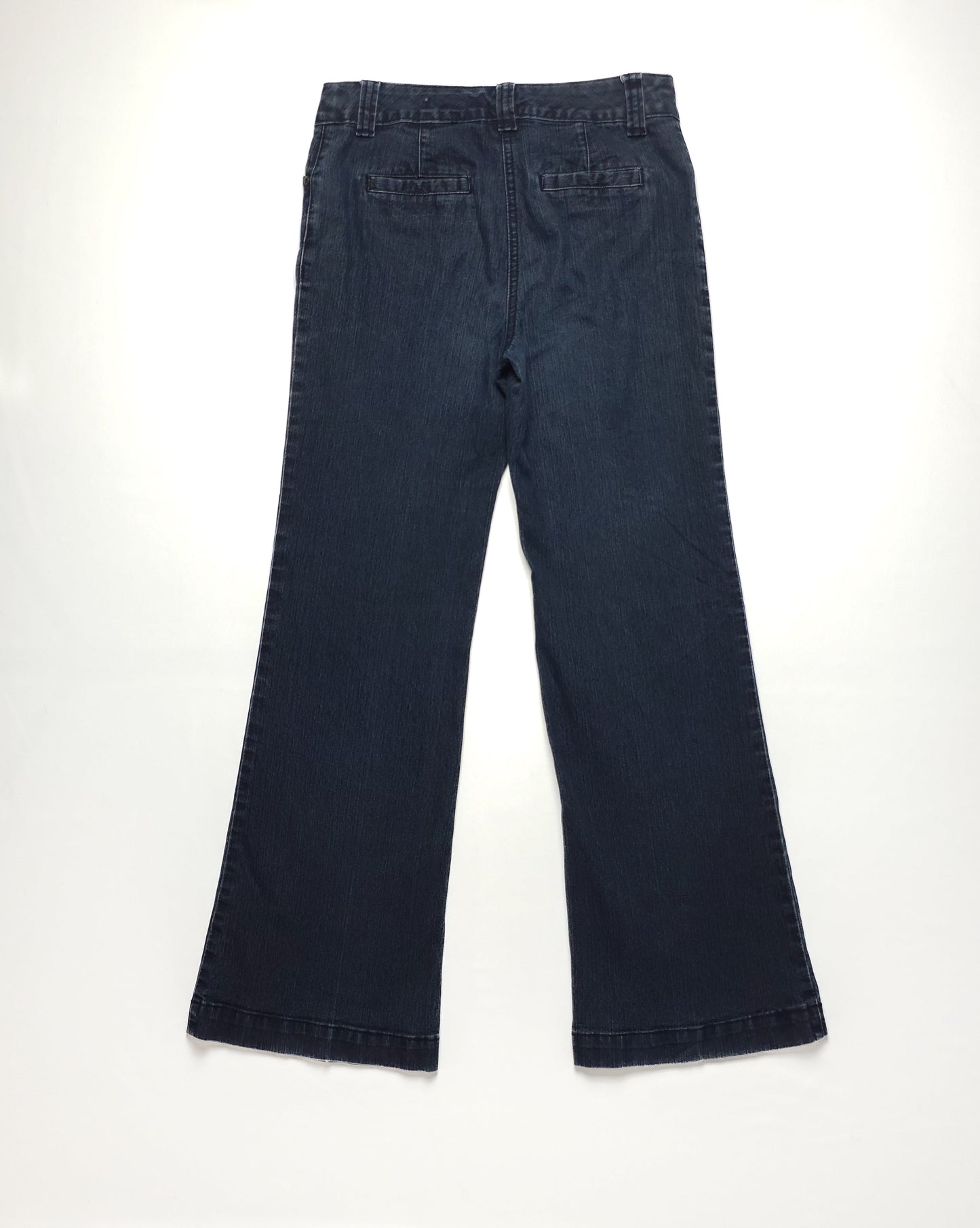Dark blue denim jeans with a high waist and wide-leg fit, shown from the back on a plain white background. Features include back pockets and belt loops.