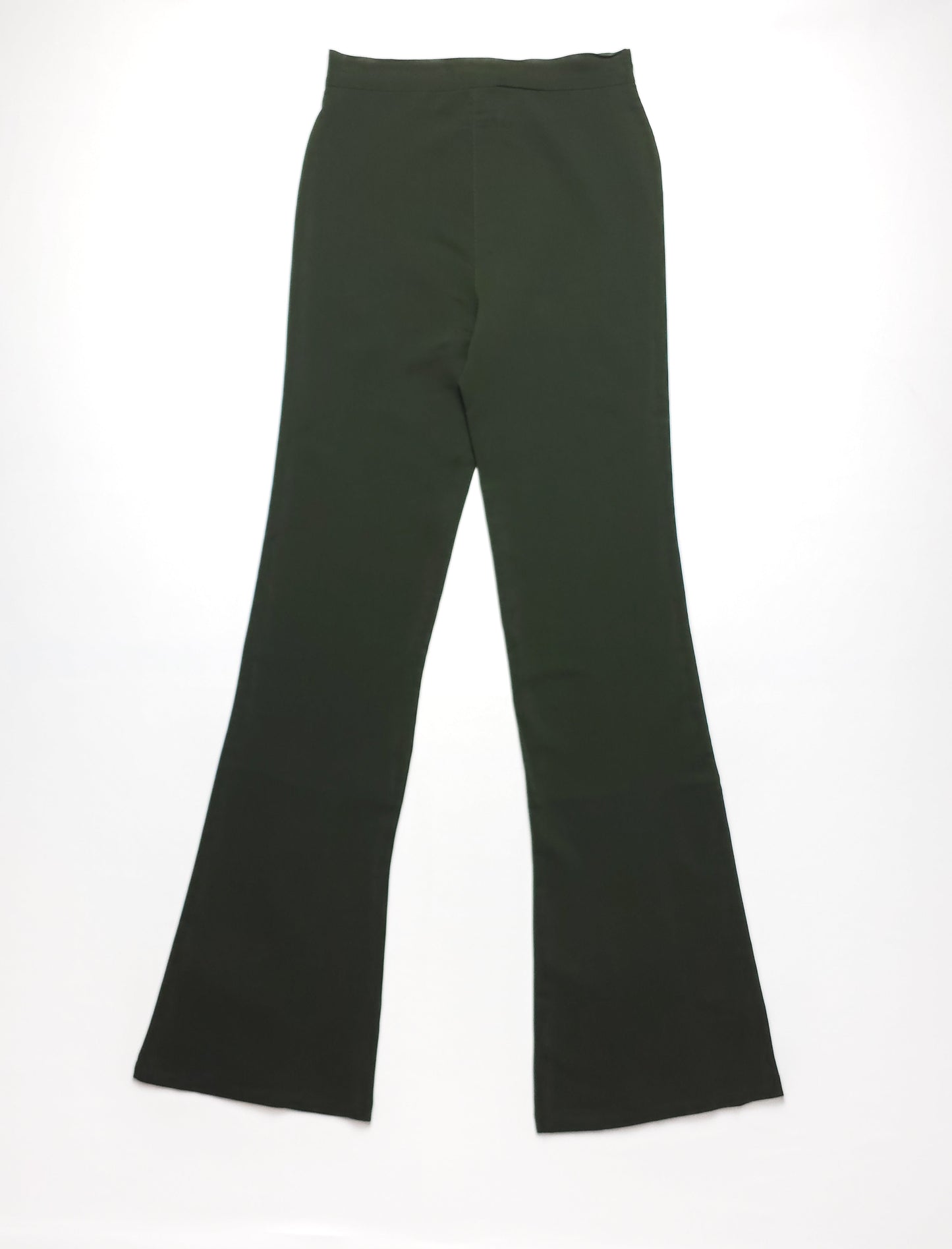 Dark green, high-waisted flare pants laid flat against a white background.