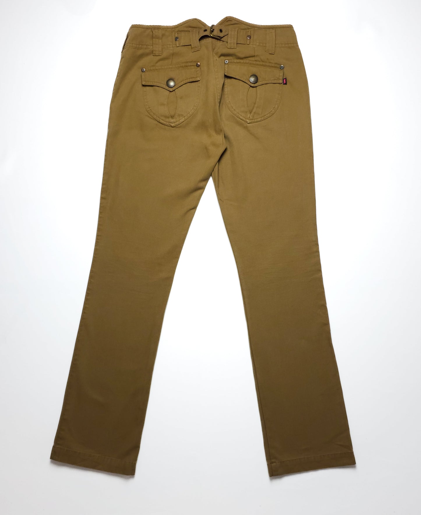 A pair of tan straight-leg pants with two buttoned back pockets and belt loops, displayed on a white background.
