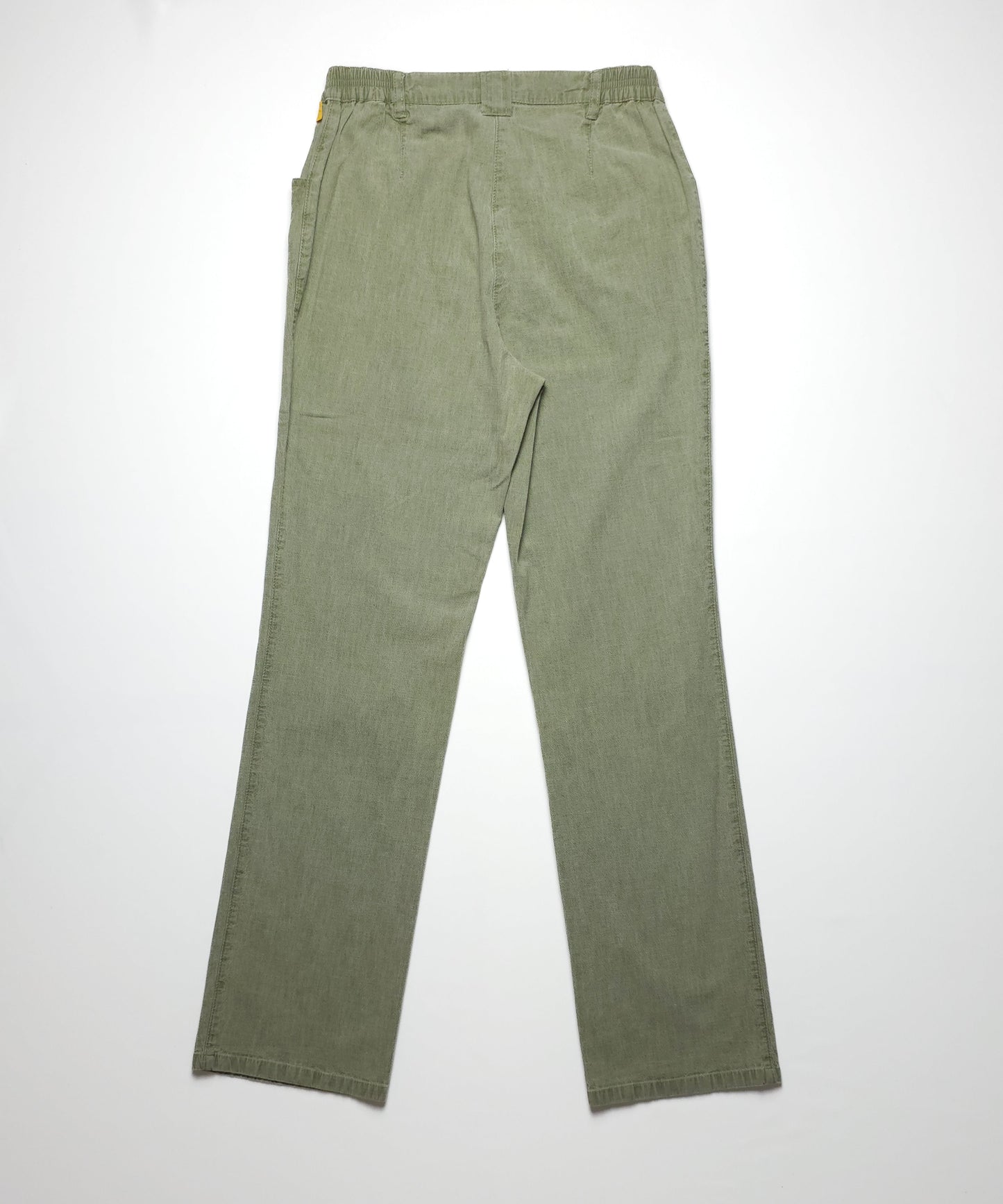 A pair of olive green corduroy pants with an elastic waistband, straight legs, and no visible closures, laid flat on a white background.