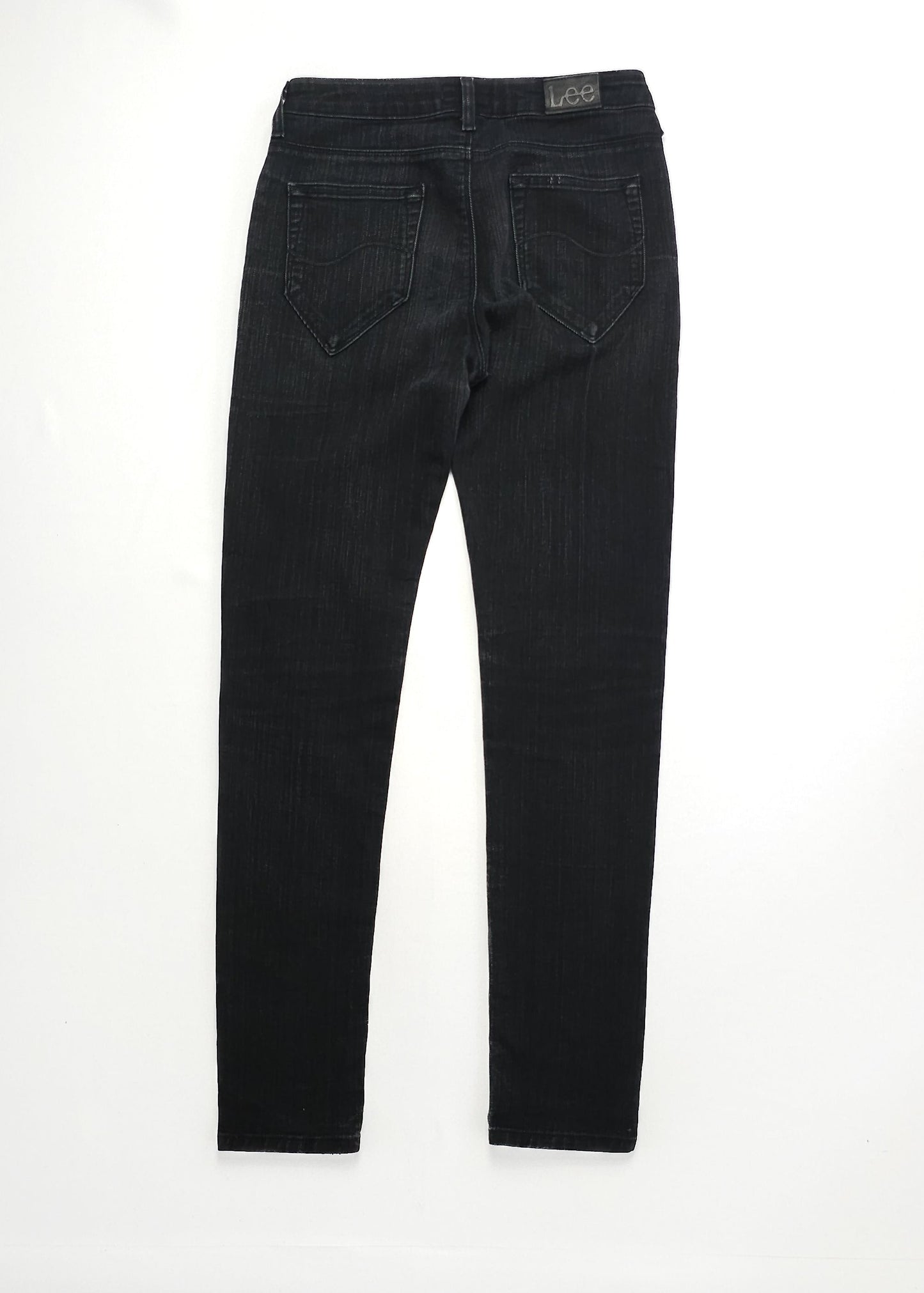 High-waisted black denim jeans with back pockets, a Lee label on the waistband, and a skinny fit design. Jeans are laid flat on a white background.