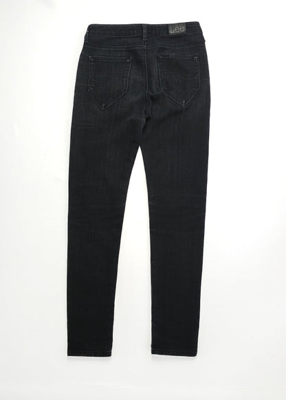 High-waisted black denim jeans with back pockets, a Lee label on the waistband, and a skinny fit design. Jeans are laid flat on a white background.