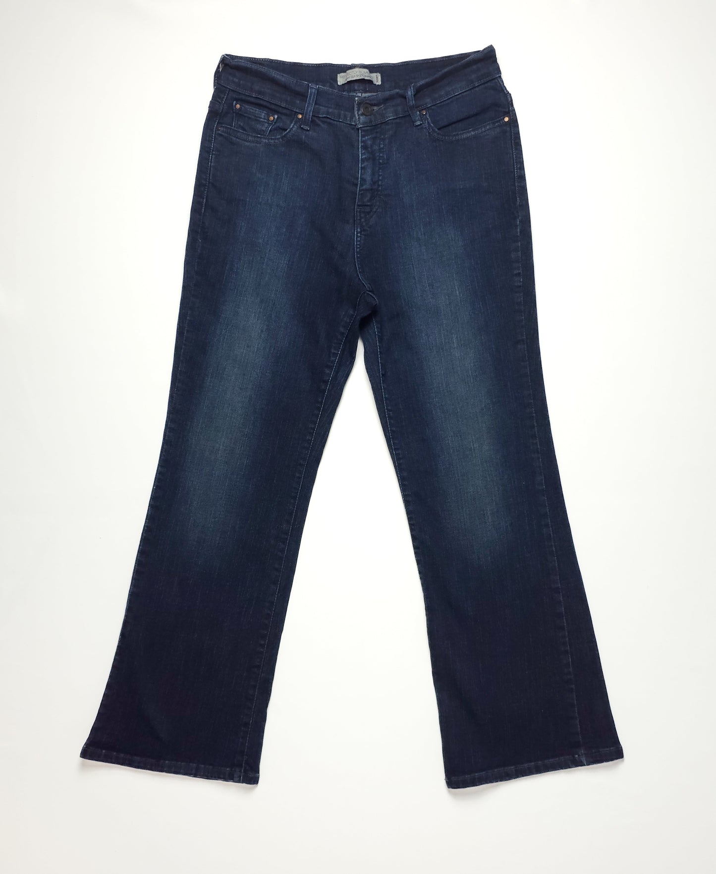 Dark wash Levis 512 flare jeans with classic five-pocket design.