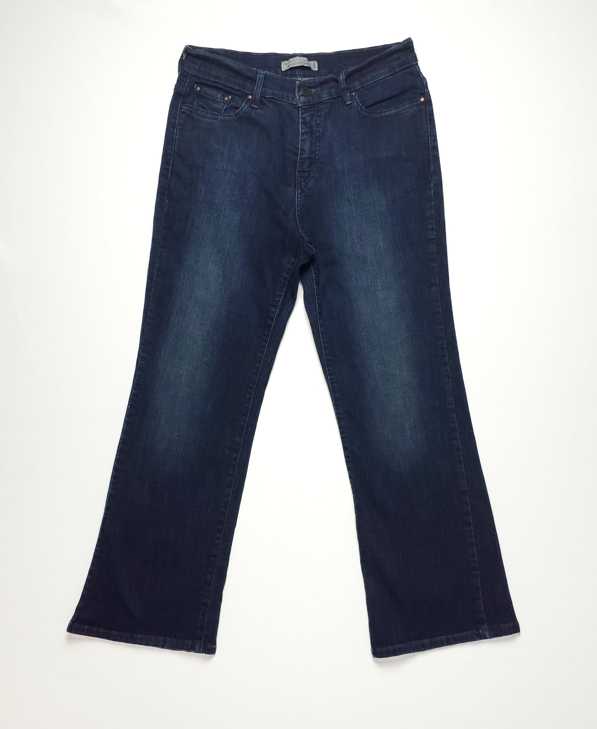 Dark wash Levis 512 flare jeans with classic five-pocket design.