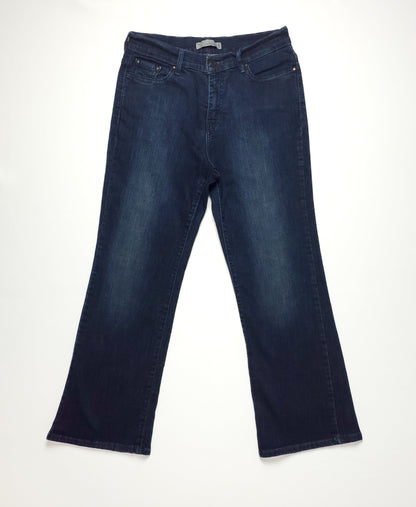 Dark wash Levis 512 flare jeans with classic five-pocket design.