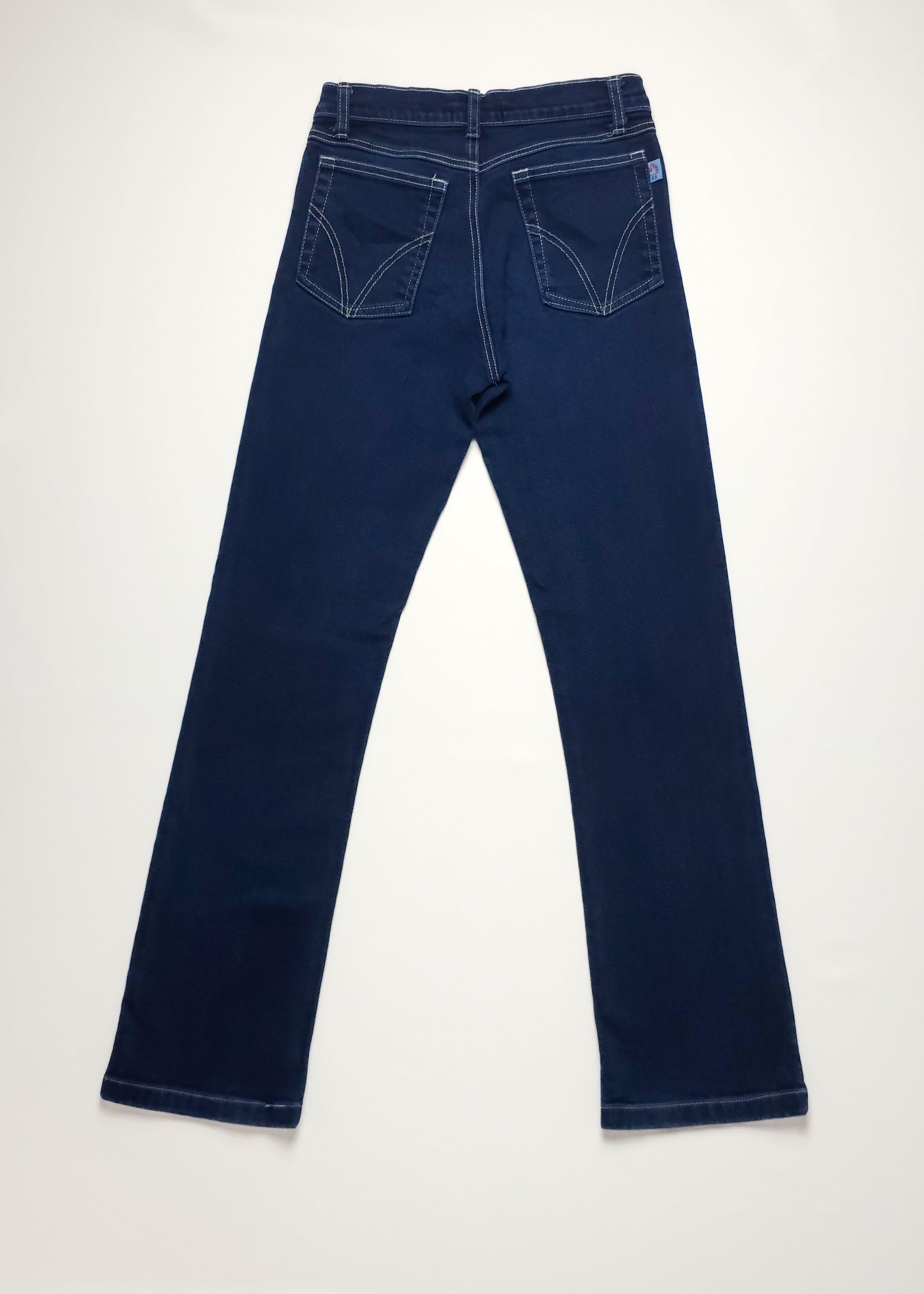 Dark blue straight-leg jeans with contrast white stitching, featuring two back pockets and a minimalist design, laid flat on a light background.