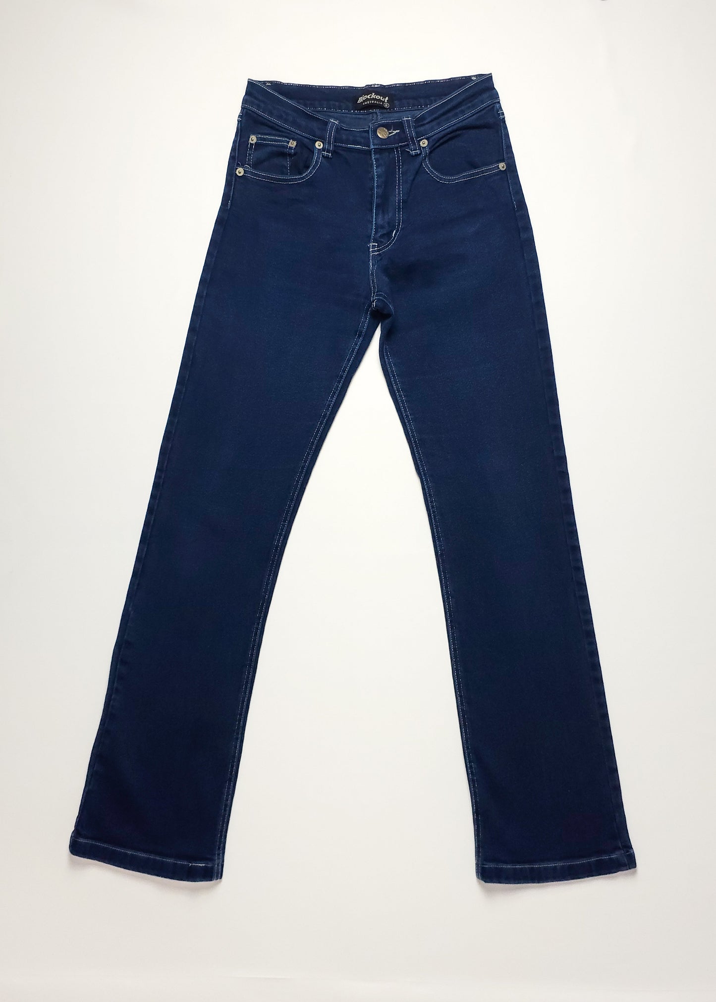 Pair of indigo blue jeans with classic straight-leg design.