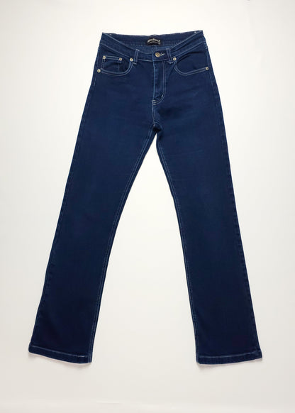 Pair of indigo blue jeans with classic straight-leg design.