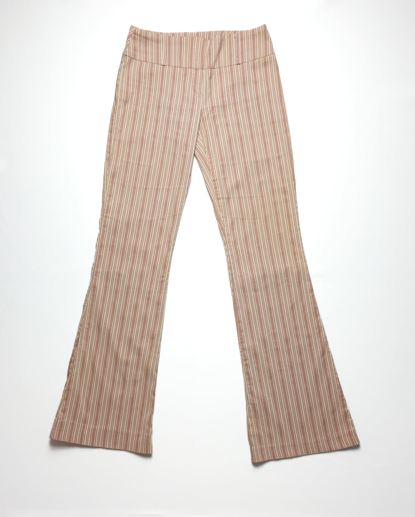 Beige and red striped flared trousers with a high waist.