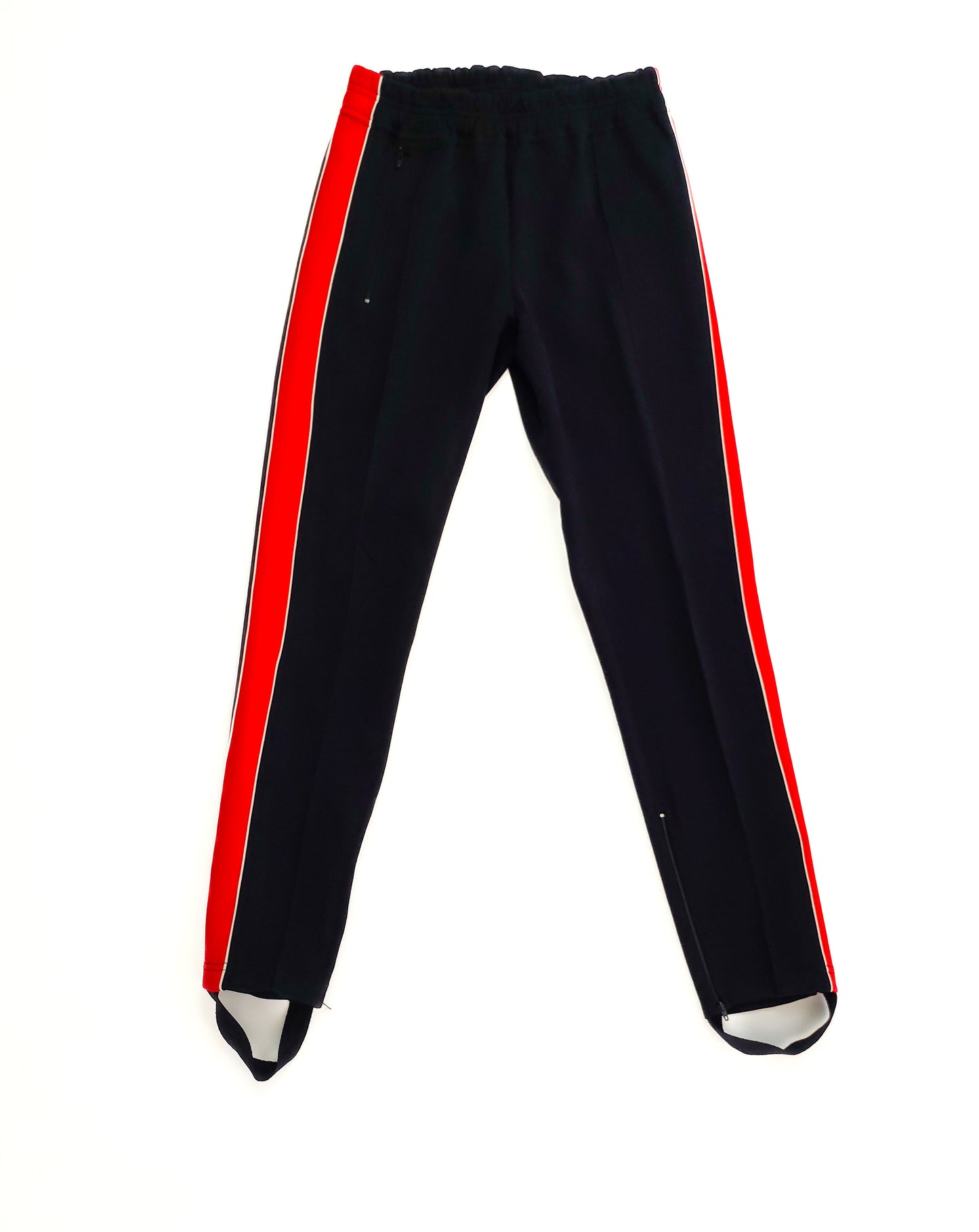 Black leggings with red and white side stripes and stirrup design.